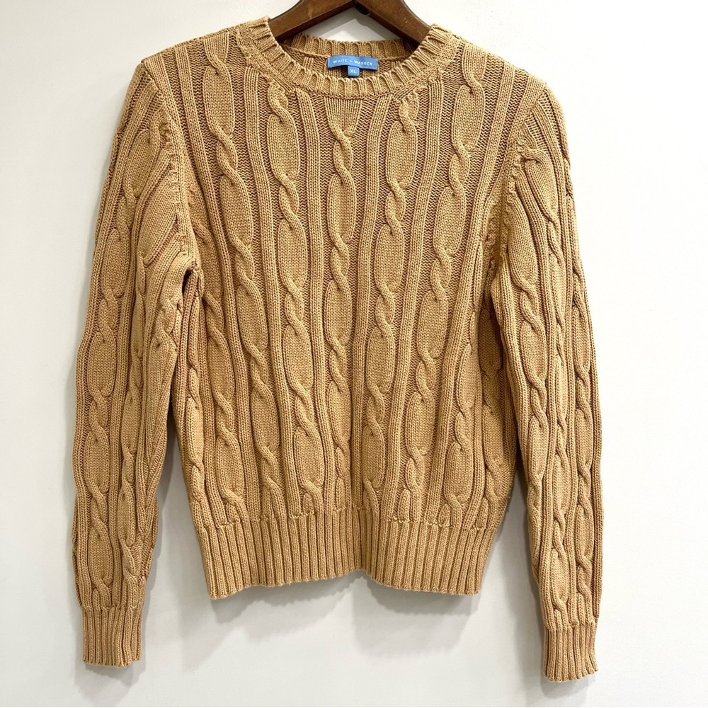 White + Warren Camel brown tan cable knit sweater crewneck 100% cotton fisherman